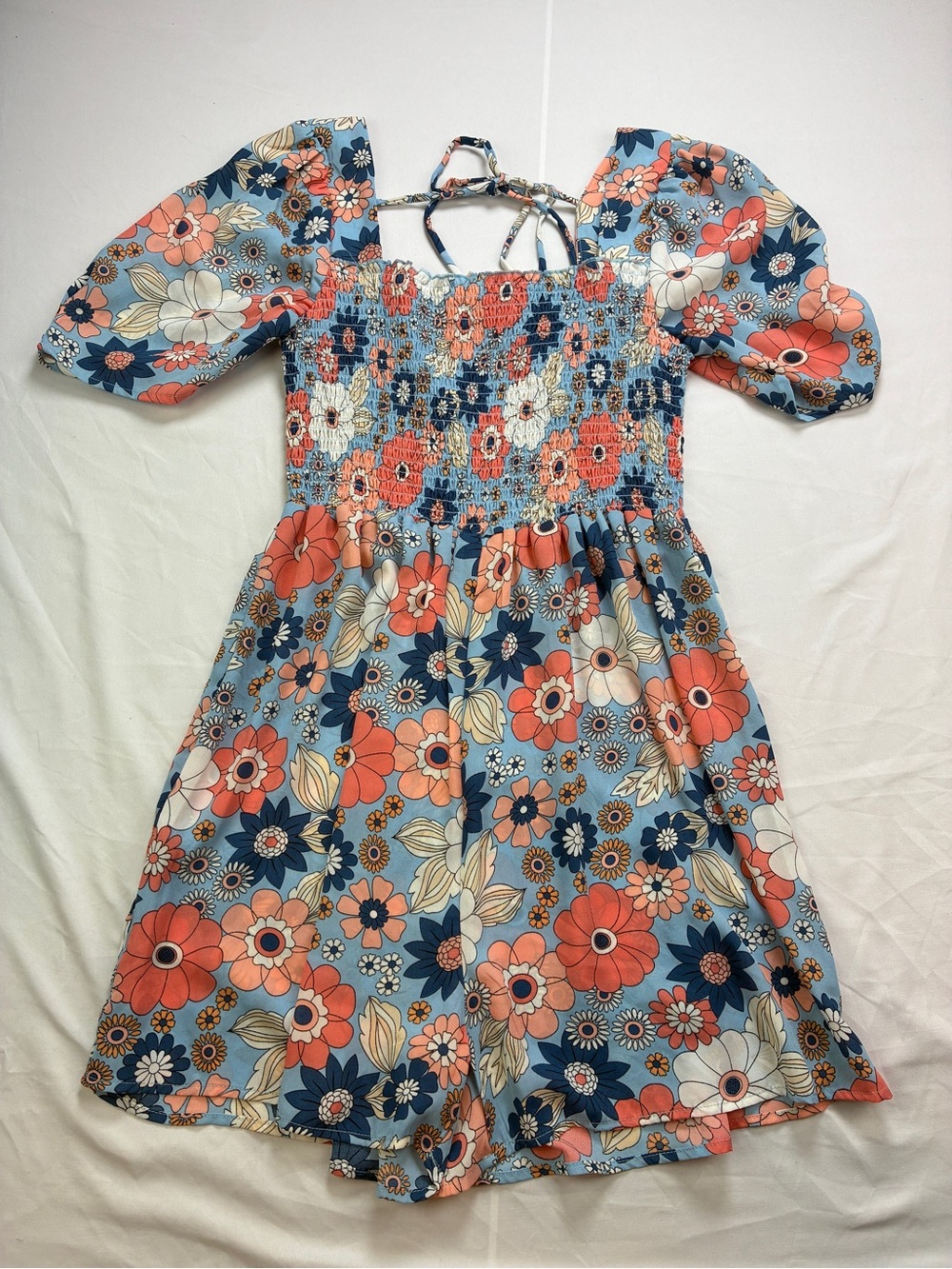 Pie in the Sky Floral Smocked Short Romper - Blue & Coral & Cream festival ready